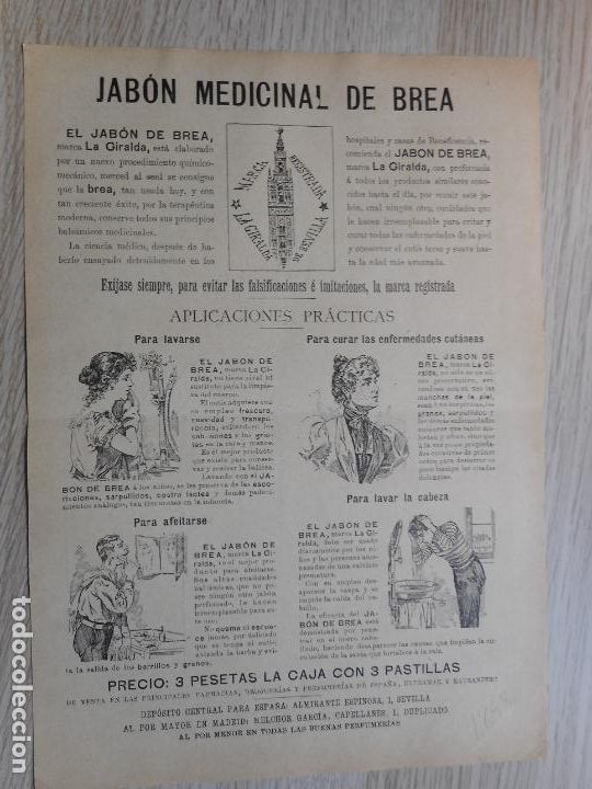 Cat&aacute;logos publicit&aacute;rios: ANTIGUA PUBLICIDAD JABON MEDICINAL DE BREA LA GIRALDA SEVILLA 1898