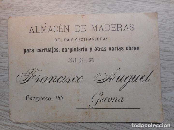 Catalogues publicitaires: ANTIGUA TARJETA COMERCIAL. FRANCISCO AUGUET . ALMACEN DE MADERAS PARA CARRUAJES. GERONA