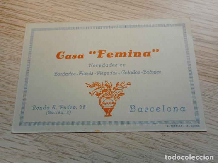Werbekataloge: ANTIGUA TARJETA COMERCIAL CASA FEMINA. NOVEDADES BORDADOS PLISSES. BOTONES. BARCELONA