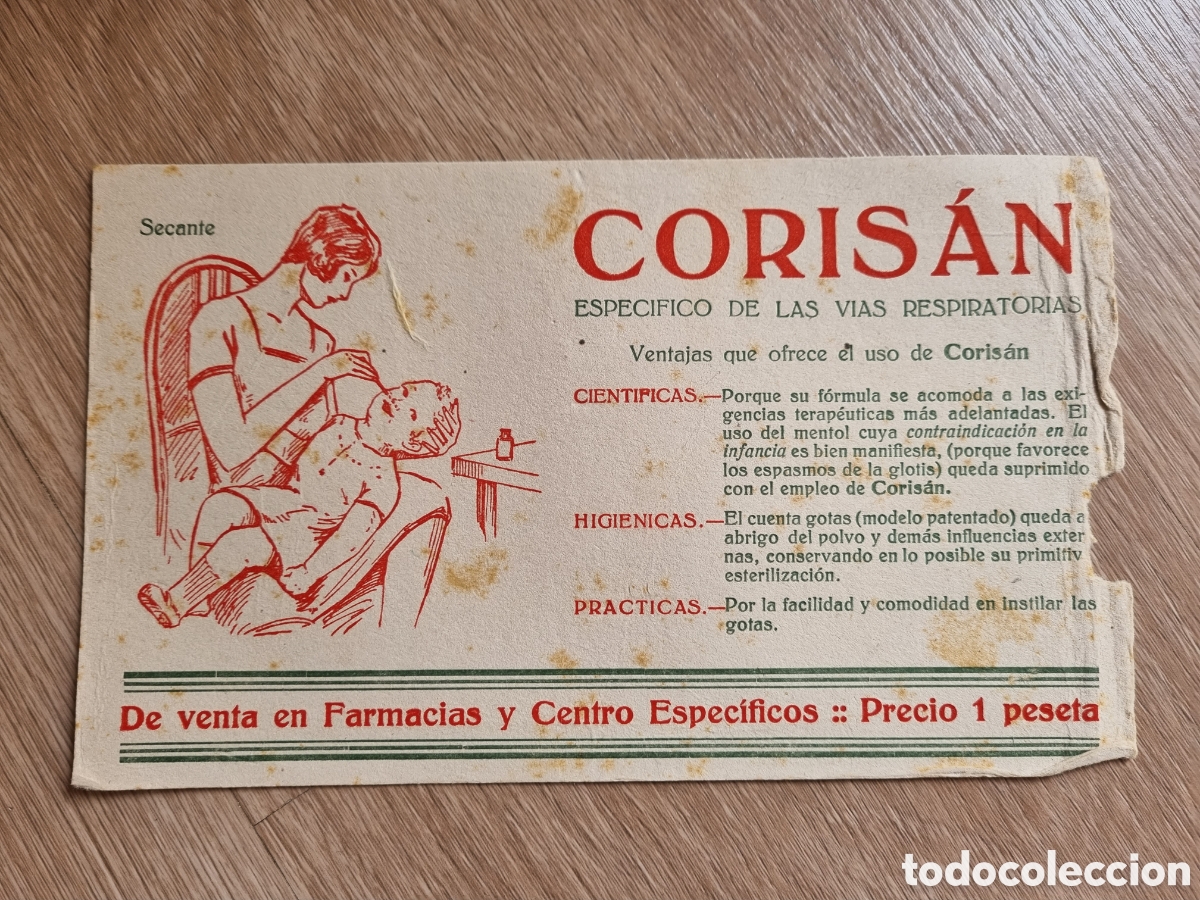 Cat&aacute;logos publicitarios: Antiguo anuncio de medicamento. Corisan. Papel secante. A&ntilde;os 20/30. 1peseta.
