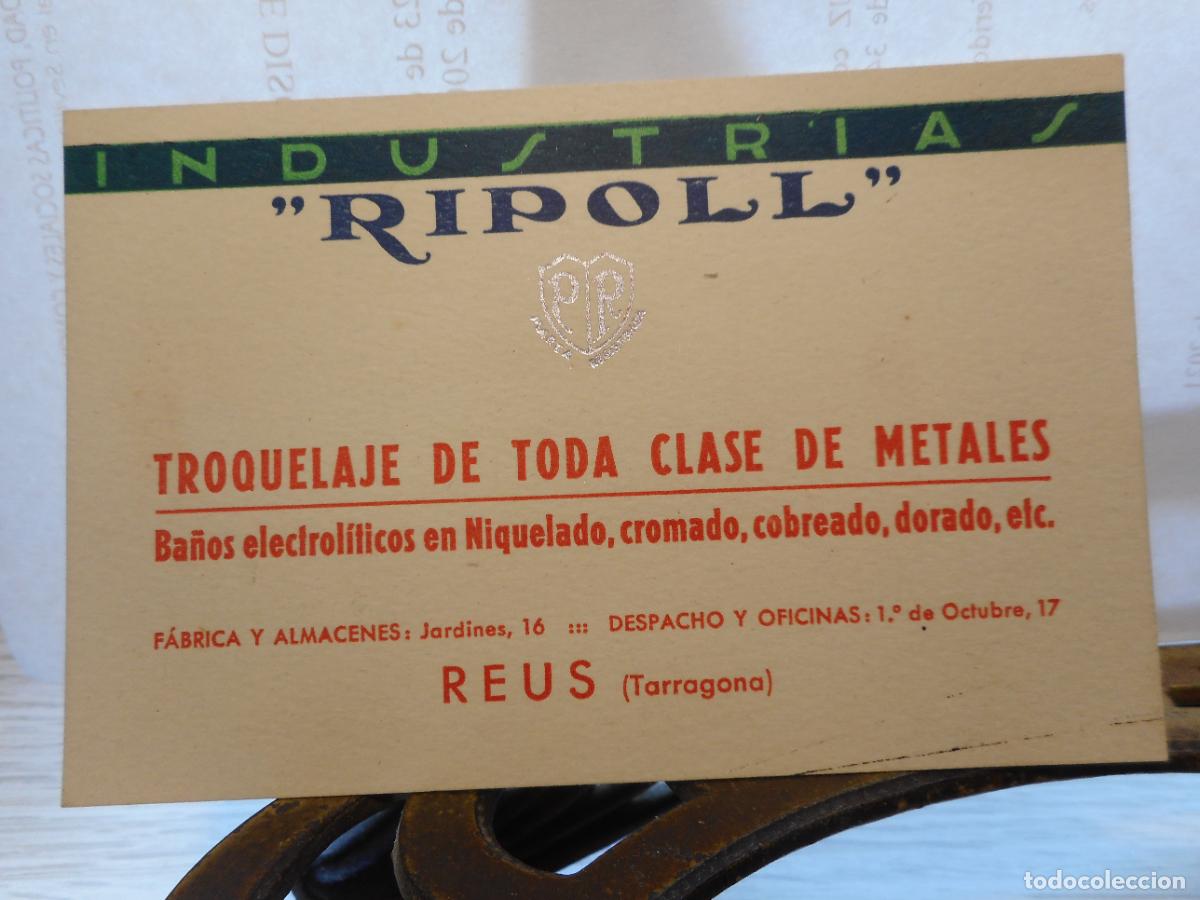 Cat&aacute;logos publicitarios: ANTIGUA TARJETA COMERCIAL. INDUSTRIAS RIPOLL. TROQUELAJE DE METALES. REUS TARRAGONA. FIRMADA