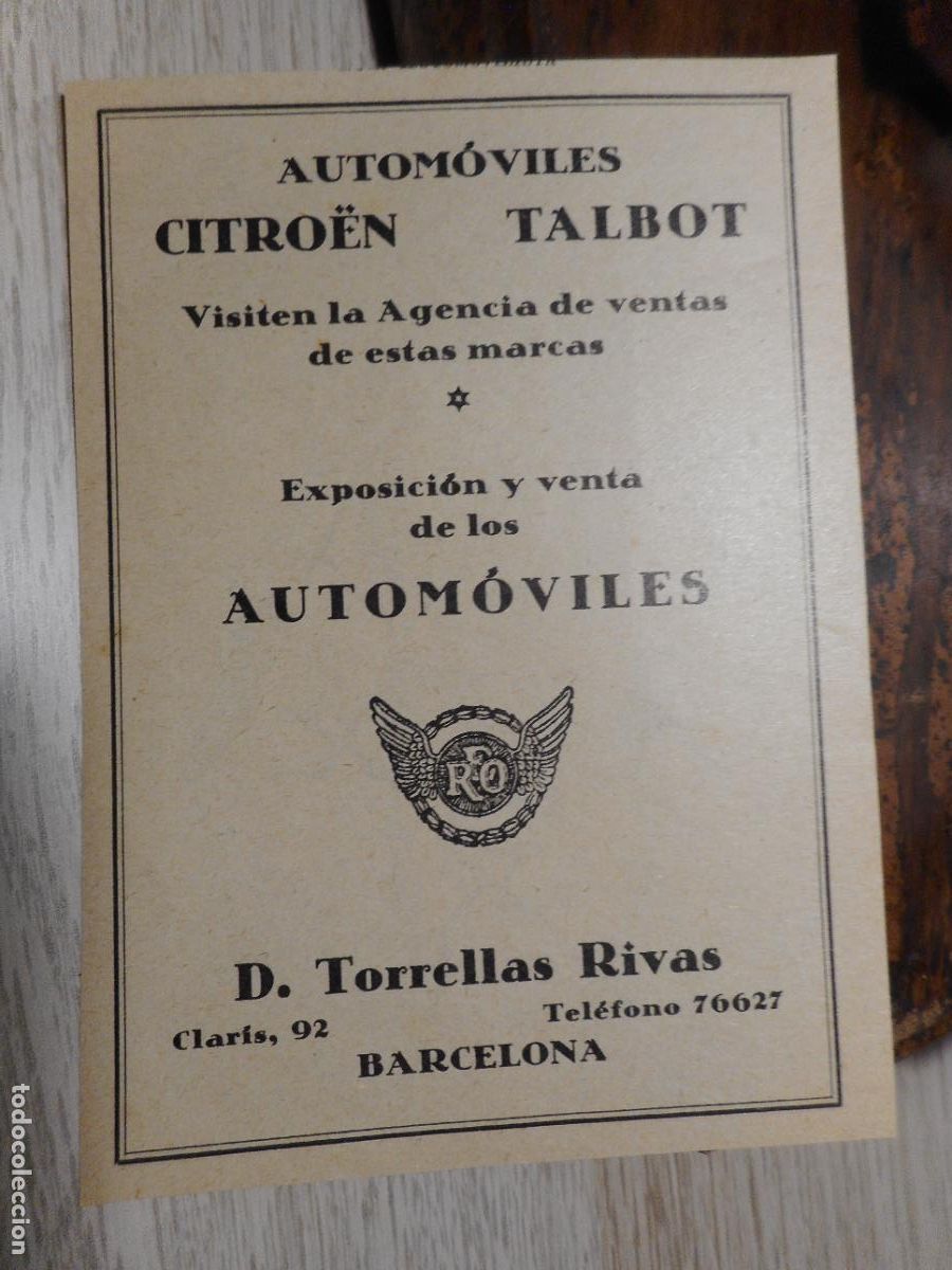 Cat&aacute;logos publicitarios: ANTIGUO RECORTE PUBLICIDAD ANTOMOVILES CITROEN TALBOT. TORRELLAS RIVAS. BARCELONA A&Ntilde;OS 30