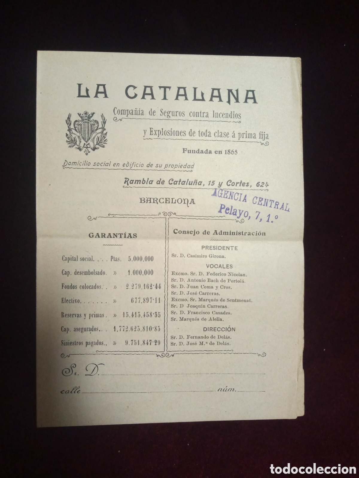 Cat&aacute;logos publicit&aacute;rios: Proposici&oacute;n de seguro especial LA CATALANA. COMPA&Ntilde;&Iacute;A DE SEGUROS CONTRA INCENDIOS Y EXPLOSIONES