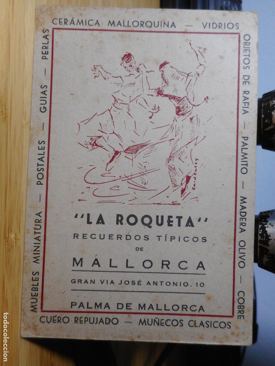 Cat&aacute;logos publicitarios: ANTIGUA TARJETA COMERCIAL LA ROQUETA. RECUERDOS TIPICOS PALMA MALLORCA. CERAMICA VIDRIOS PERLAS