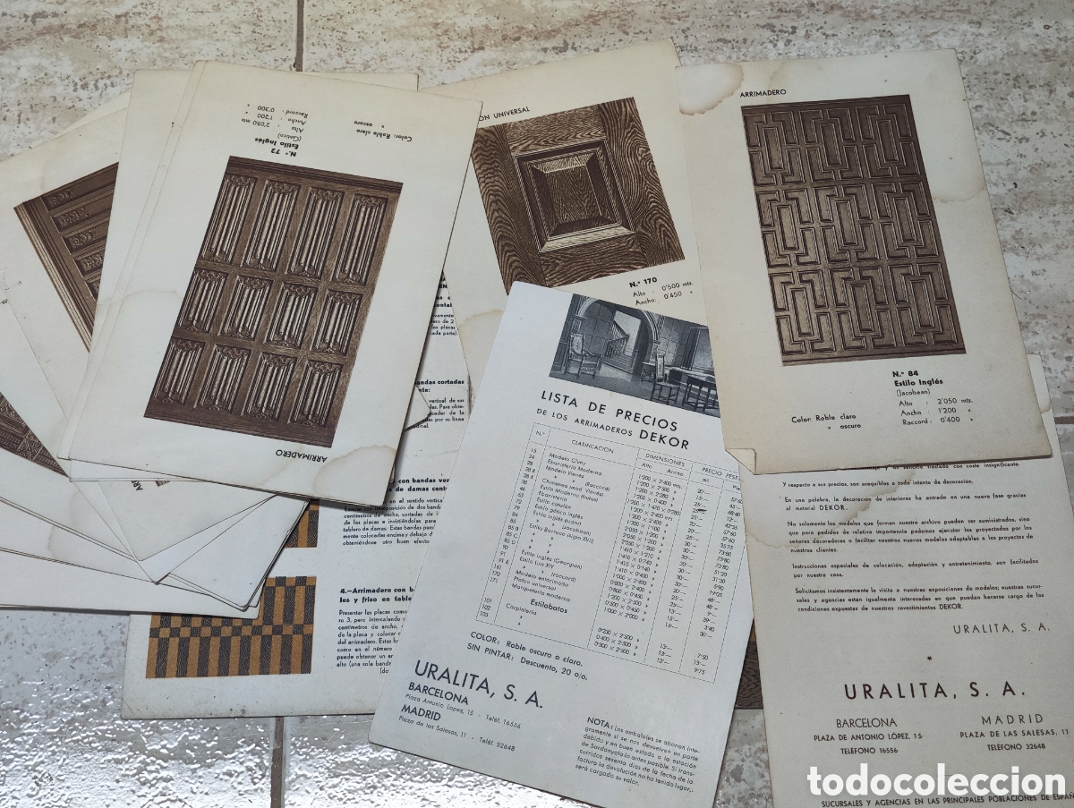 Cat&aacute;logos publicit&aacute;rios: ANTIGUO CAT&Aacute;LOGO URALITA S.A. 18 FICHAS, LISTA DE PRECIOS DE LOS ARRIMADEROS DEKOR