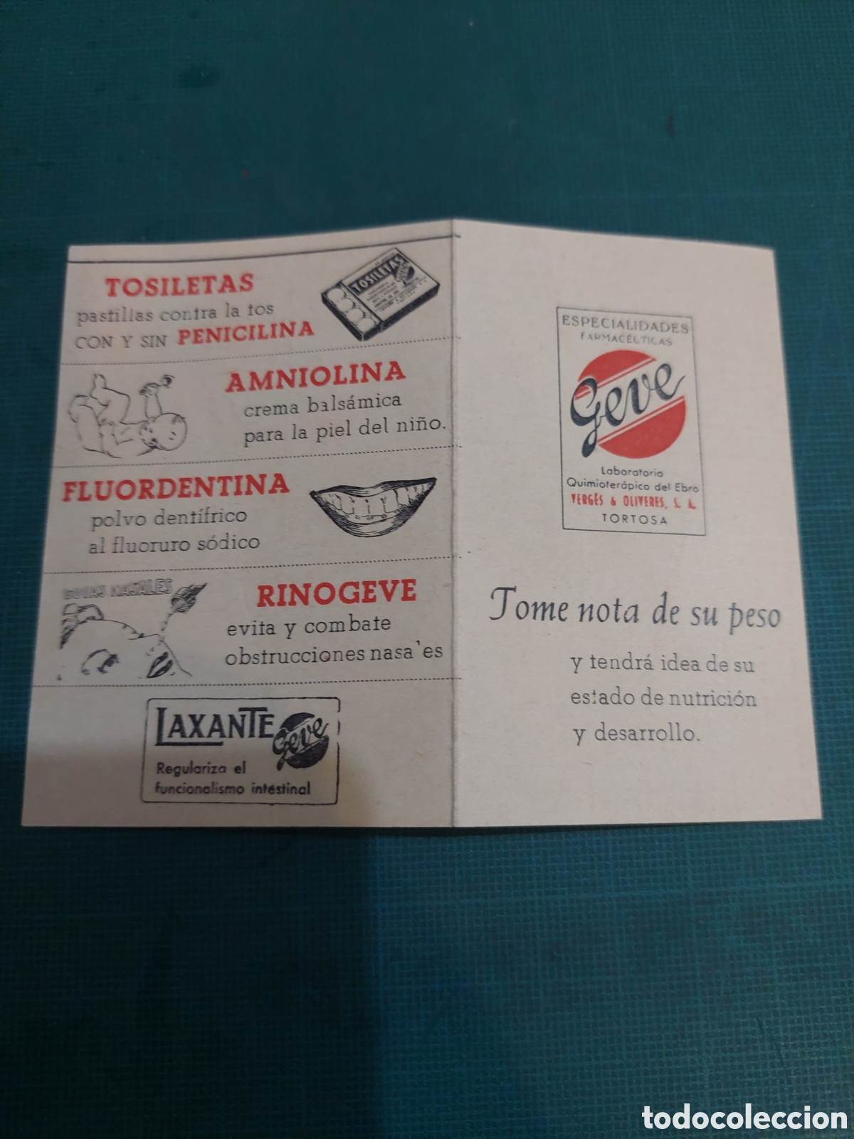 Catalogues publicitaires: 1957 geve peso y estatura librito geve farmac&eacute;utica laxante ,amnilina ,rinogeve,fluordentina ,tosi