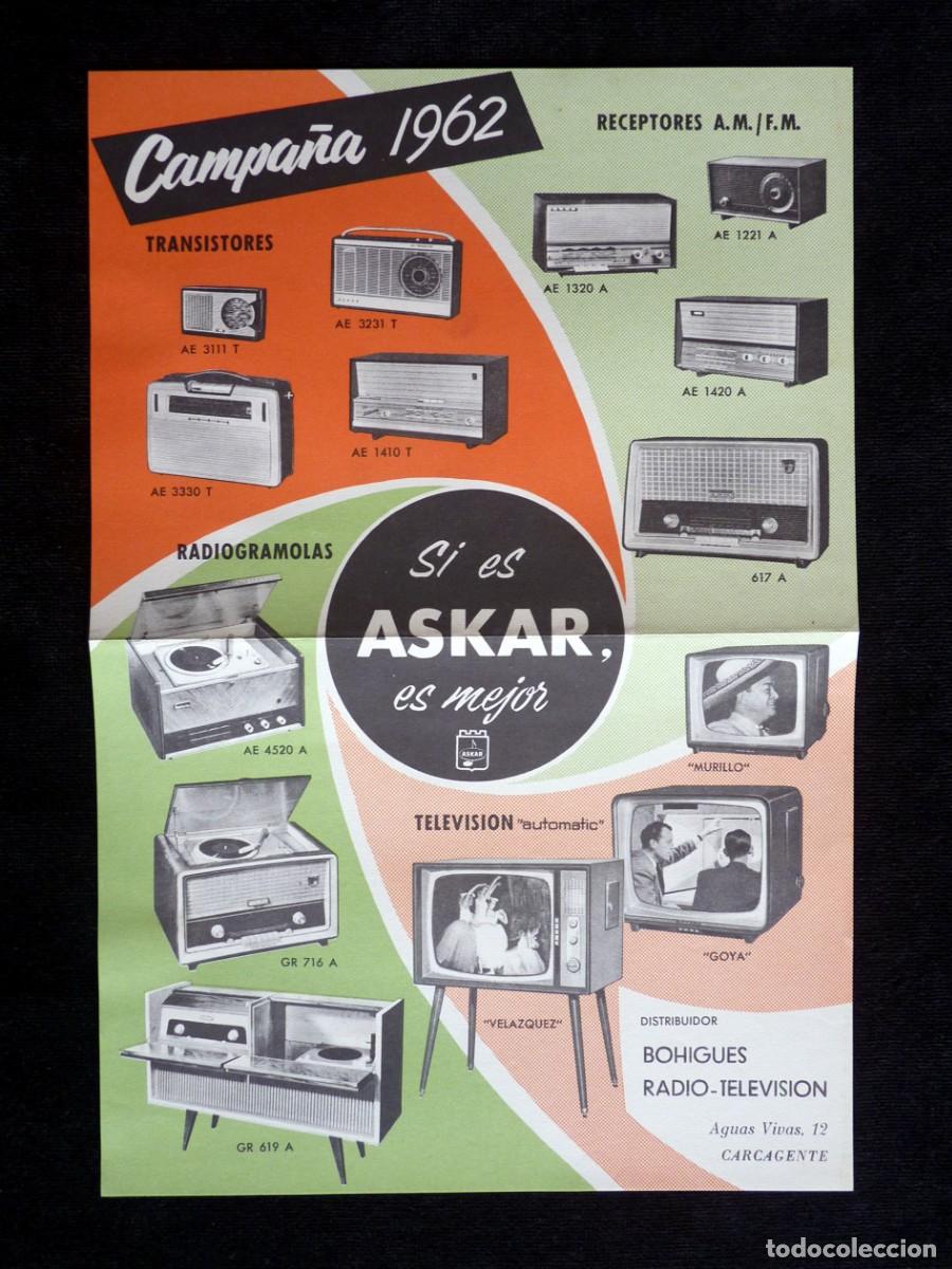 Cat&aacute;logos publicitarios: ASKAR, CAMPA&Ntilde;A 1962. PUBLICIDAD RADIO TELEVISI&Oacute;N DISTRIBUIDOR BOHIGUES, CARCAGENTE