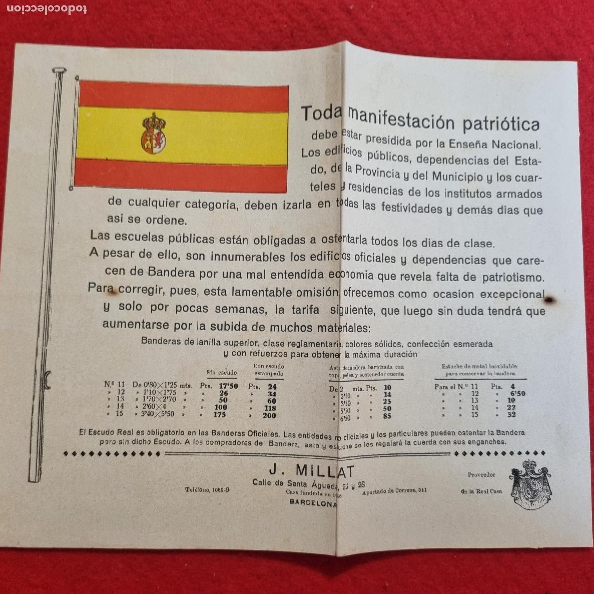 Werbekataloge: CATALOGO J MILLAT HOJA PUBLICIDAD BANDERA ESPA&Ntilde;OLA MONARQUIA A&Ntilde;OS 1920 ORIGINAL CP1