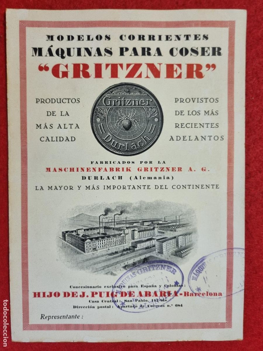 Werbekataloge: CATALOGO MAQUINAS PARA COSER GRITZNER PUIG DE ABARIA BARCELONA DIPTICO ORIGINAL CP1