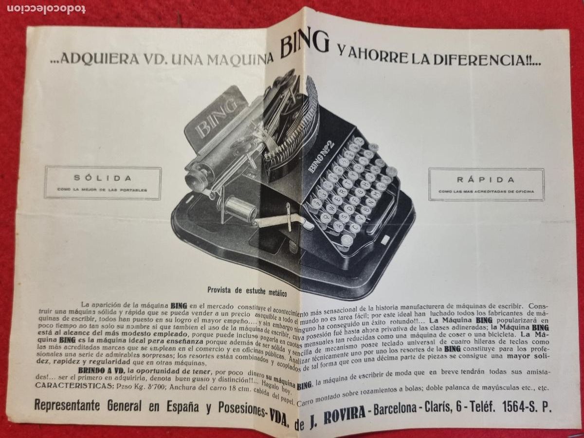 Werbekataloge: CATALOGO MAQUINAS DE ESCRIBIR BING J. ROVIRA TIPO CARTEL 21 X 32 CM. ORIGINAL CP1