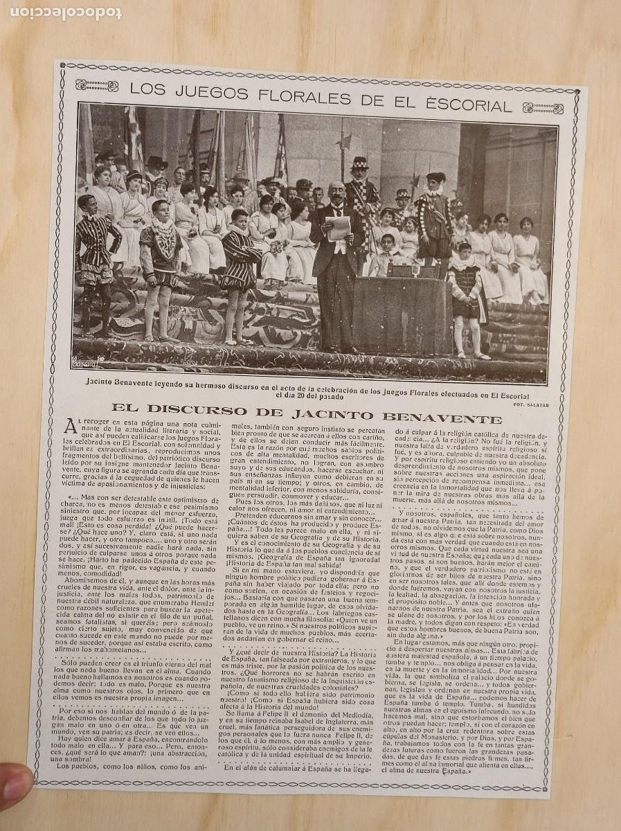 Cat&aacute;logos publicitarios: HOJA REVISTA ORIGINAL CIRCA 1915. EL DISCURSO DE JACINTO BENAVENTE JUEGOS FLORALES EL ESCORIAL