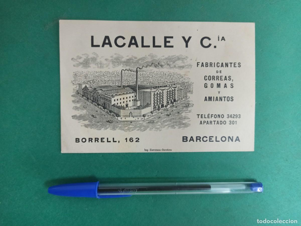 Cat&aacute;logos publicitarios: Antigua tarjeta Publicidad Lacalle y Cia. Fabricantes de Correas, Gomas, Amiantos. Barcelona. 1936
