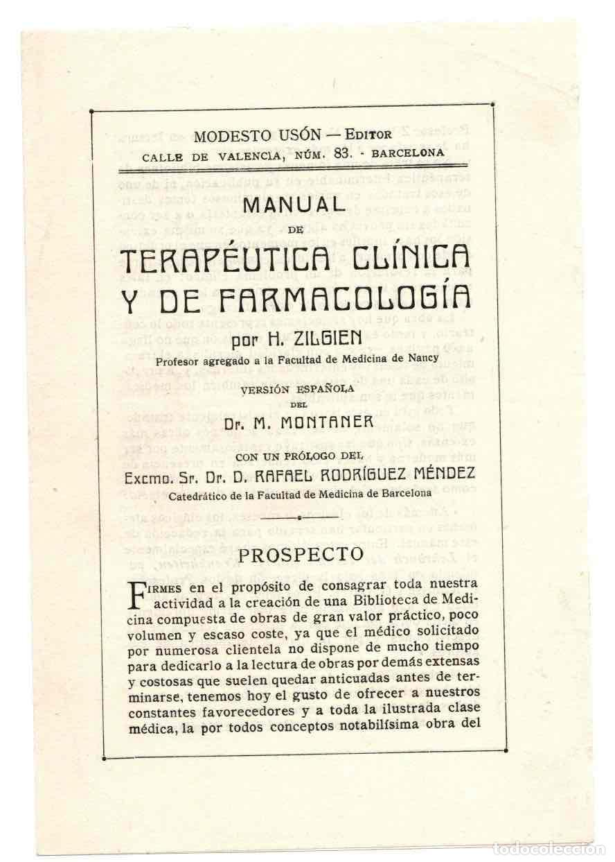 Catalogues publicitaires: FOLLETO PUBLICITARIO MANUAL DE TERAPEUTICA CLINICA Y DE FARMACOLOGIA. ZILGIEN. EDITOR MODESTO USON