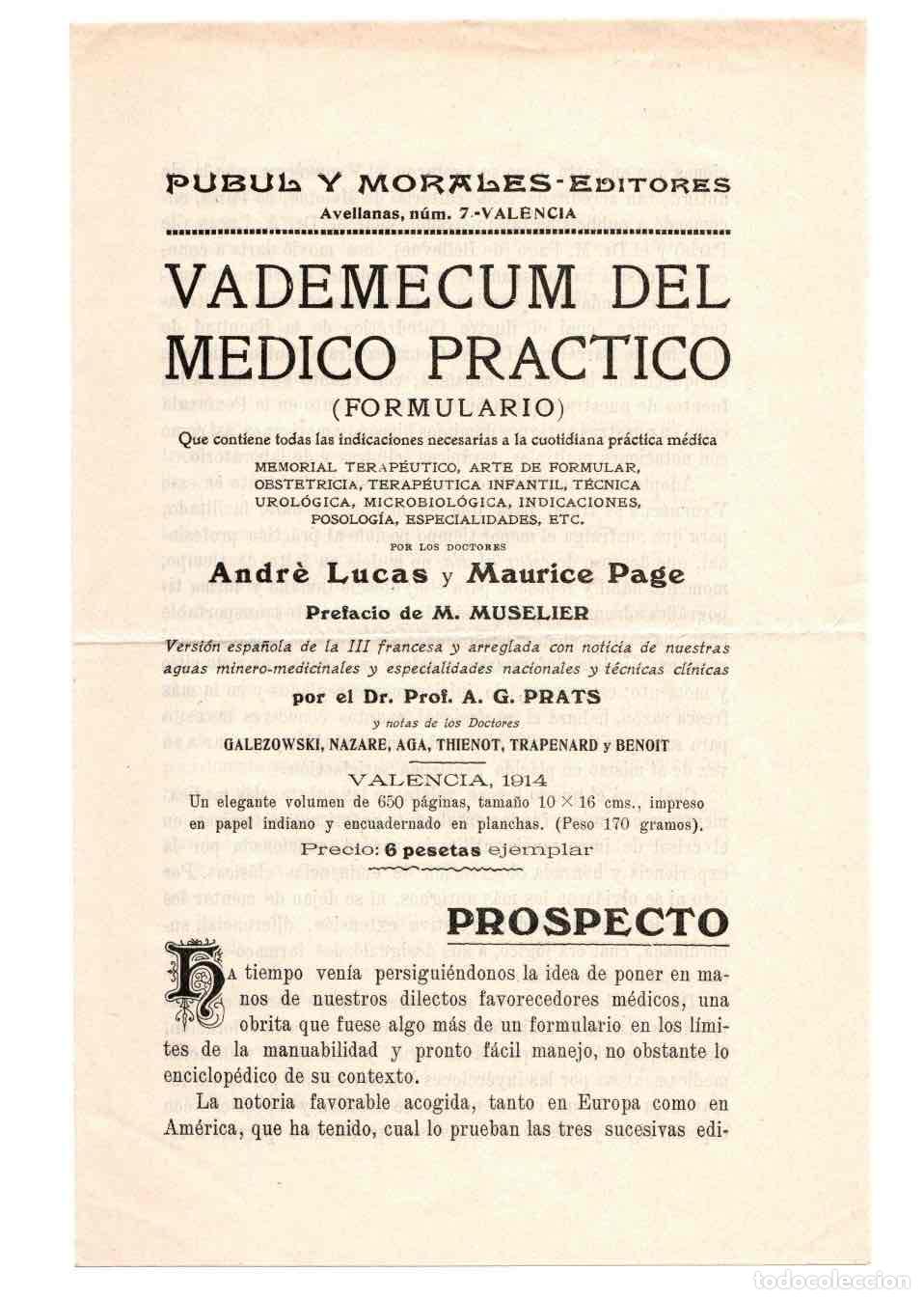 Catalogues publicitaires: FOLLETO PUBLICITARIO VADEMECUM DEL MEDICO PRACTICO. ANDRE LUCAS Y MAURICE PAGE. VALENCIA 1914