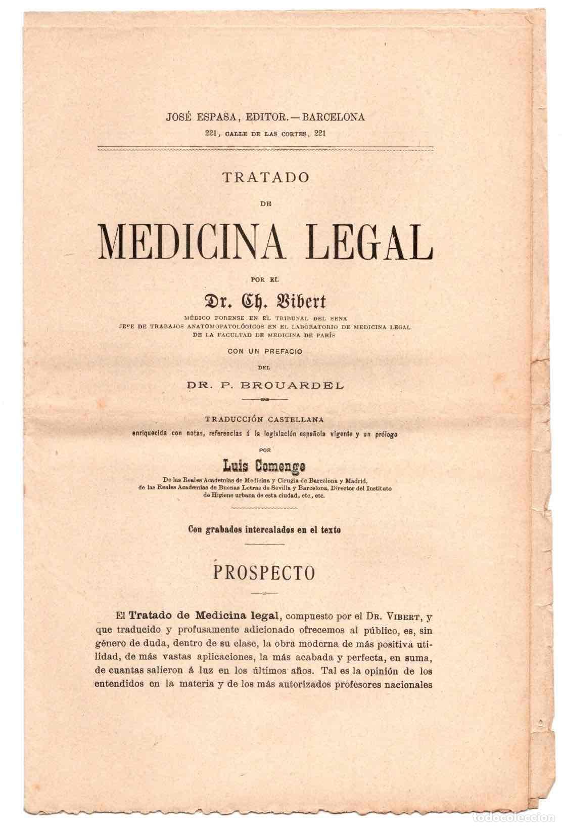 Catalogues publicitaires: FOLLETO PUBLICITARIO TRATADO DE MEDICINA LEGAL. GISBERT. EDITOR JOSE ESPASA, BARCELONA