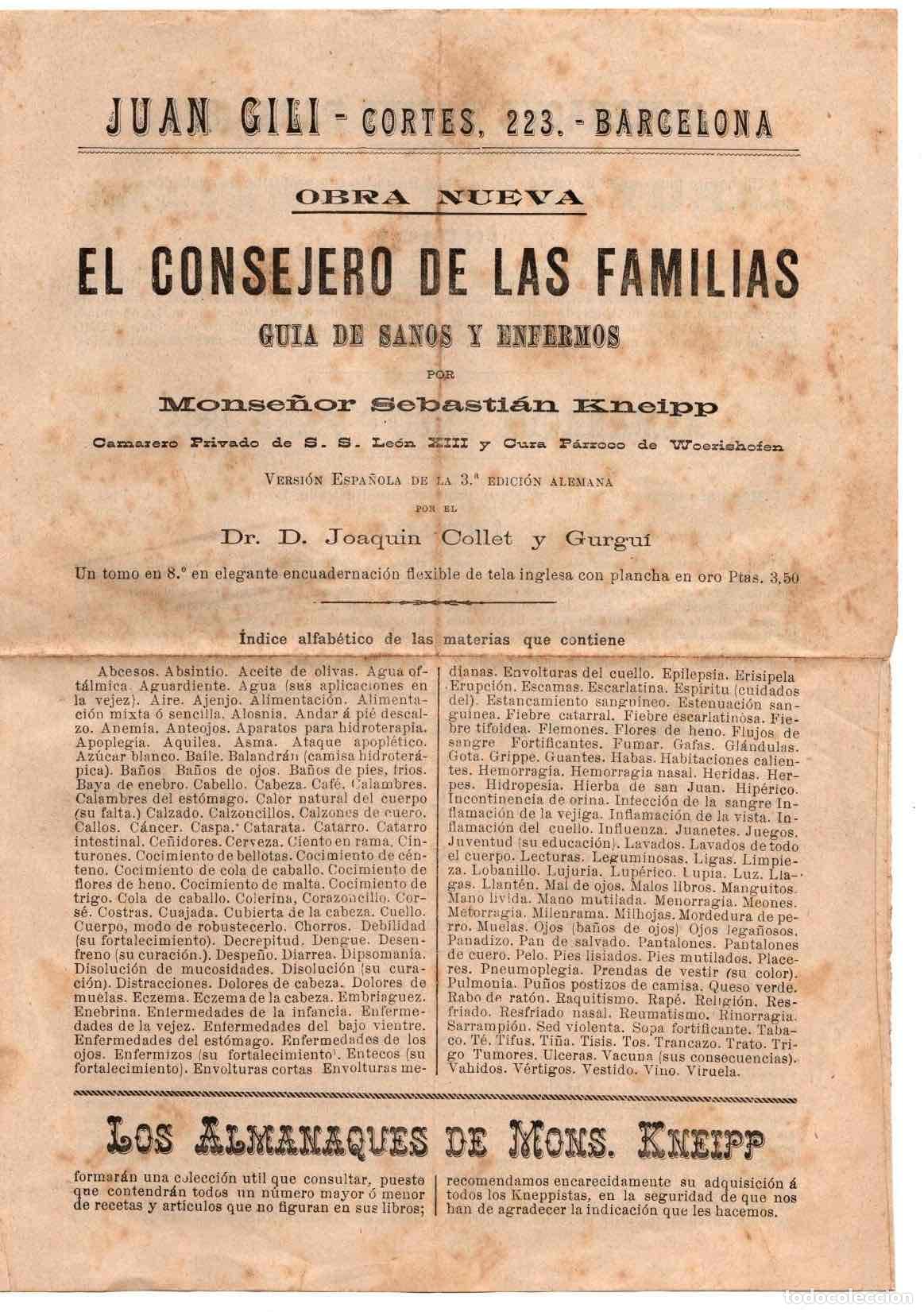 Catalogues publicitaires: FOLLETO PUBLICITARIO EL CONSEJERO DE LAS FAMILIAS, GUIA DE SANOS Y ENFERMOS. S. KNEIPP. EDITOR GILI