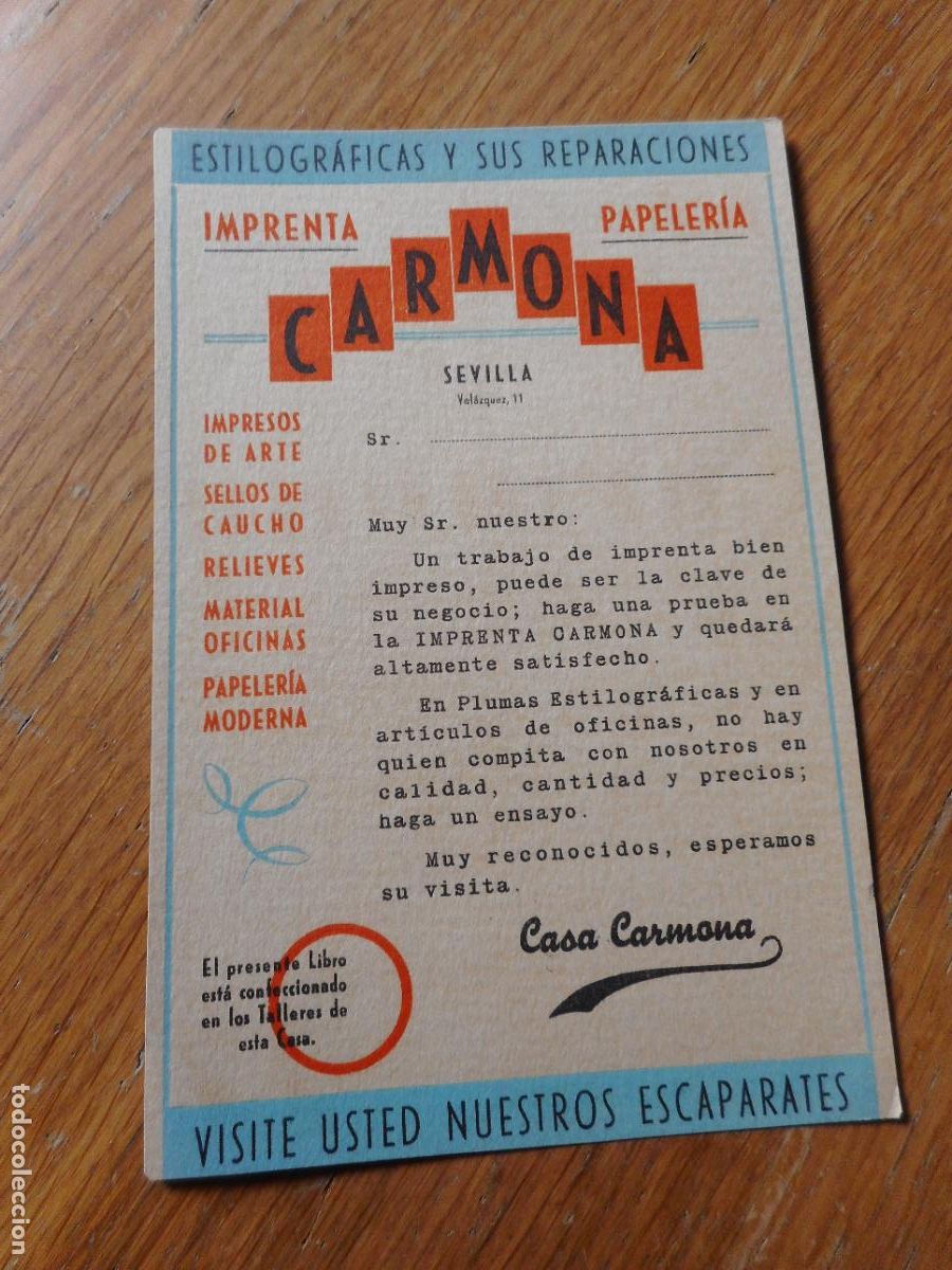 Catalogues publicitaires: ANTIGUA TARJETA PUBLICITARIA PE&Ntilde;A ER 77. CASA CARMONA PAPELERIA SELLOS CAUCHO OFICINA. SEVILLA