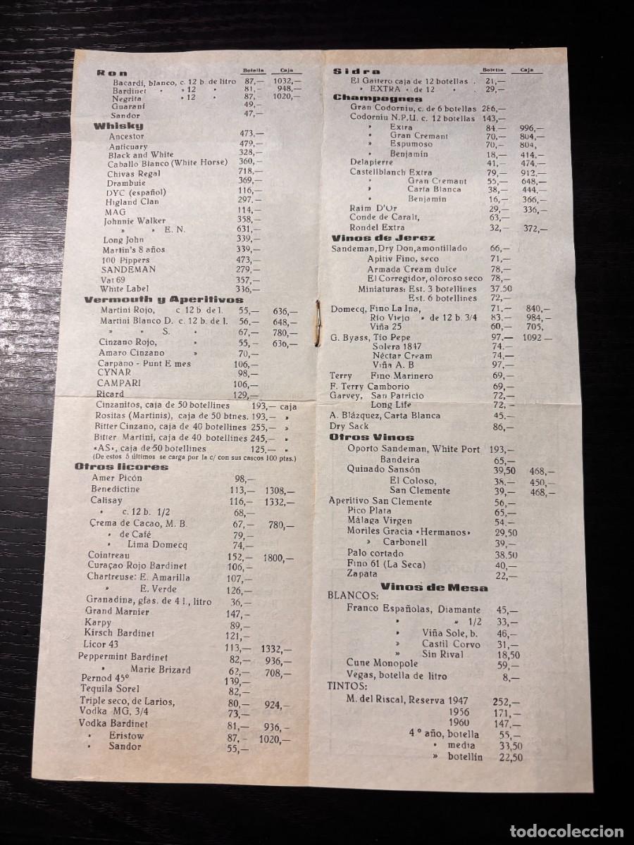 Cat&aacute;logos publicit&aacute;rios: LISTA DE PRECIOS DE VINOS Y LICORES. A&Ntilde;OS 60-70. SE DESCONOCE MARCA / EMPRESA. VER