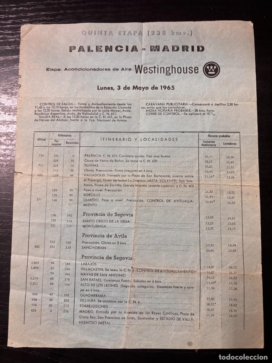 Cat&aacute;logos publicit&aacute;rios: WESTINGHOUSE. LISTA OFICAL DE CORREDORES Y NUMEROS DE DORSALES. MADRID-PALENCIA. 1965