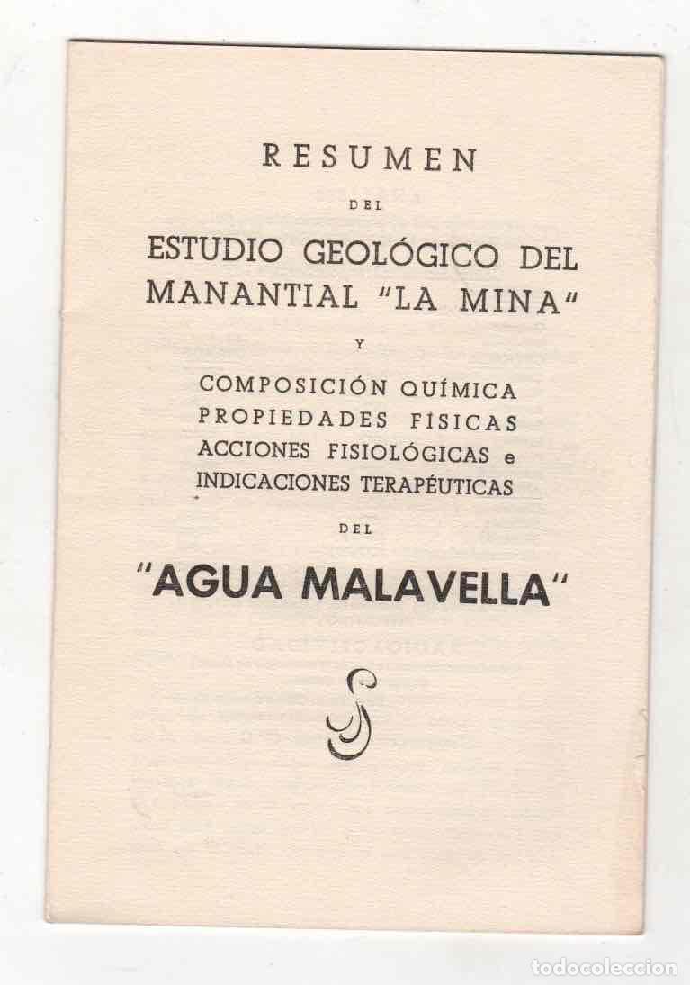 Catalogues publicitaires: CATALOGO PUBLICITARIO AGUA MALAVELLA + ETIQUETA. RESUMEN DEL ESTUDIO GEOLOGICO DEL MANANTIAL