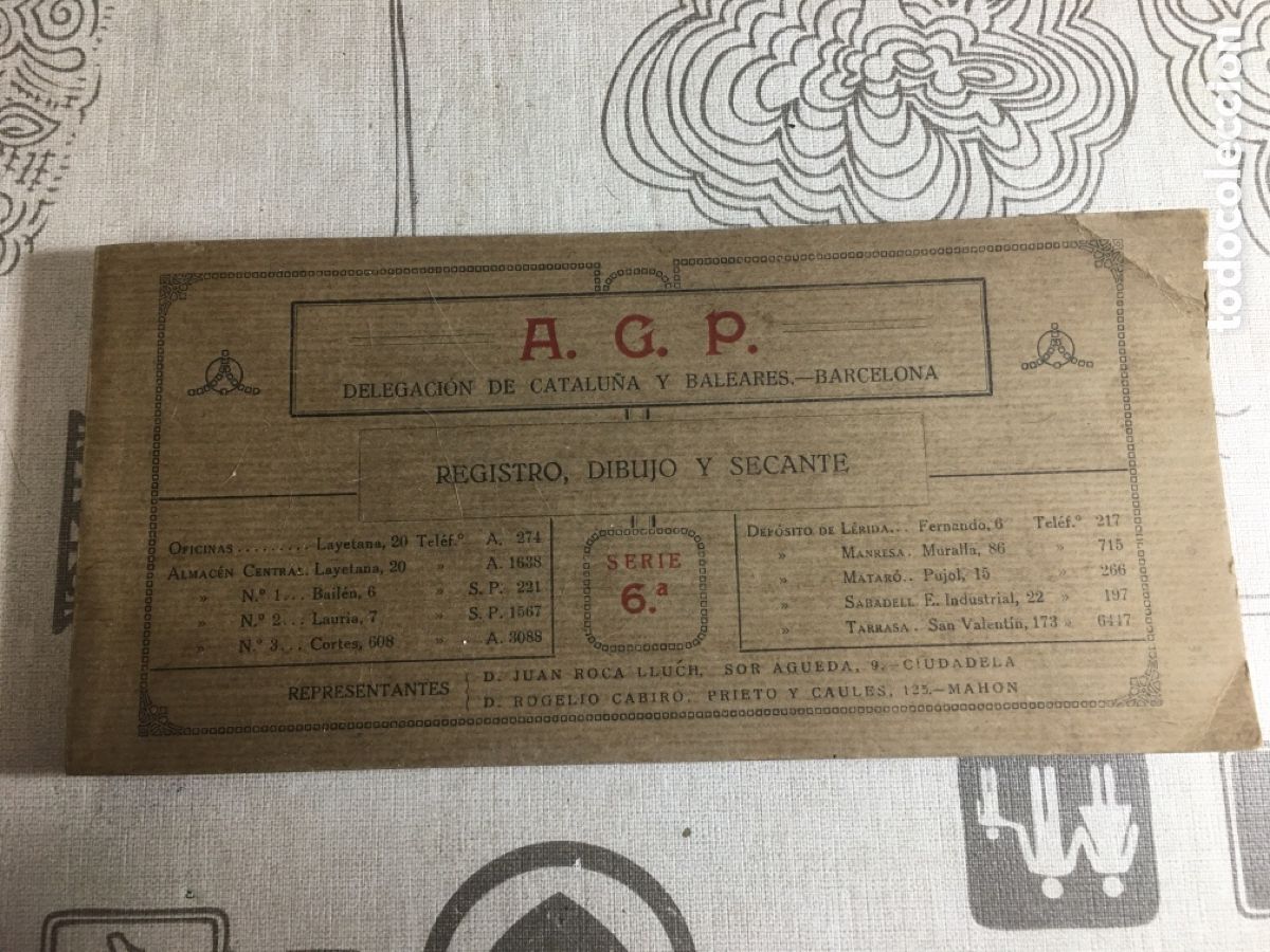 Cat&aacute;logos publicitarios: A.G.P. DELEGACI&Oacute;N CATALU&Ntilde;A BALEARES BARCELONA Antiguo Bloc Muestrario Papel Registro Dibujo Secante