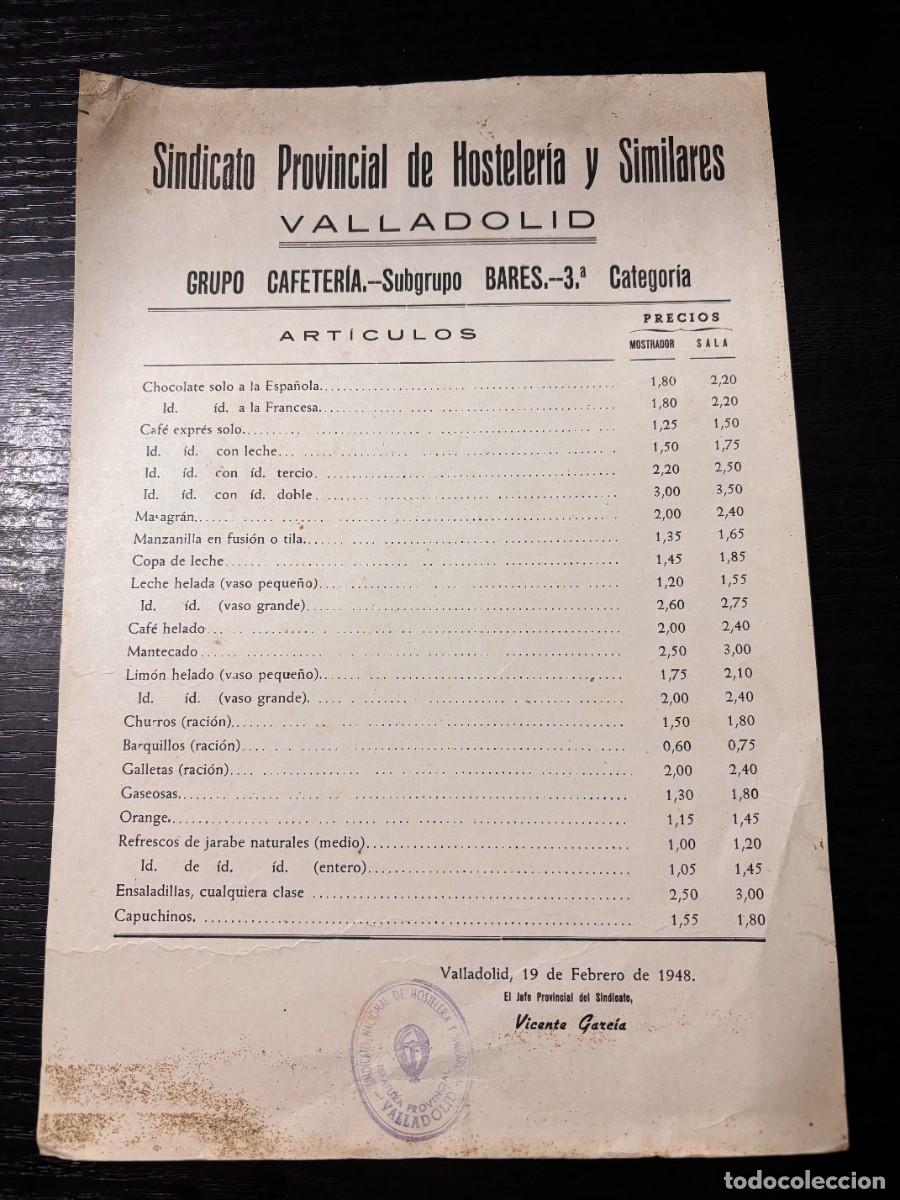 Cat&aacute;logos publicit&aacute;rios: LISTA DE PRECIOS DEL SINDICATO PROVINCIAL DE HOSTELER&Iacute;A Y SIMILARES. VALLADOLID, 1948