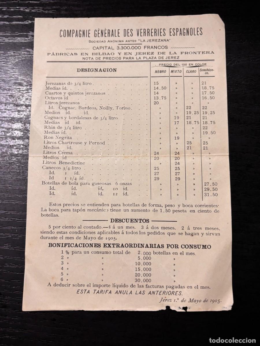 Cat&aacute;logos publicit&aacute;rios: LISTA DE PRECIOS. COMPAGNIE GENERALE DES VERRERIES ESPAGNOLES. JEREZ, 1905