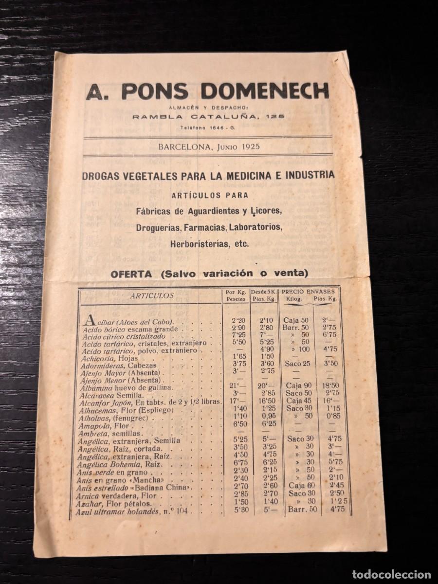 Cat&aacute;logos publicit&aacute;rios: LISTA DE PRECIOS. A. PONS DOMENECH. DROGAS VEGETALES PARA LA MEDICINA. BARCELONA, 1925.