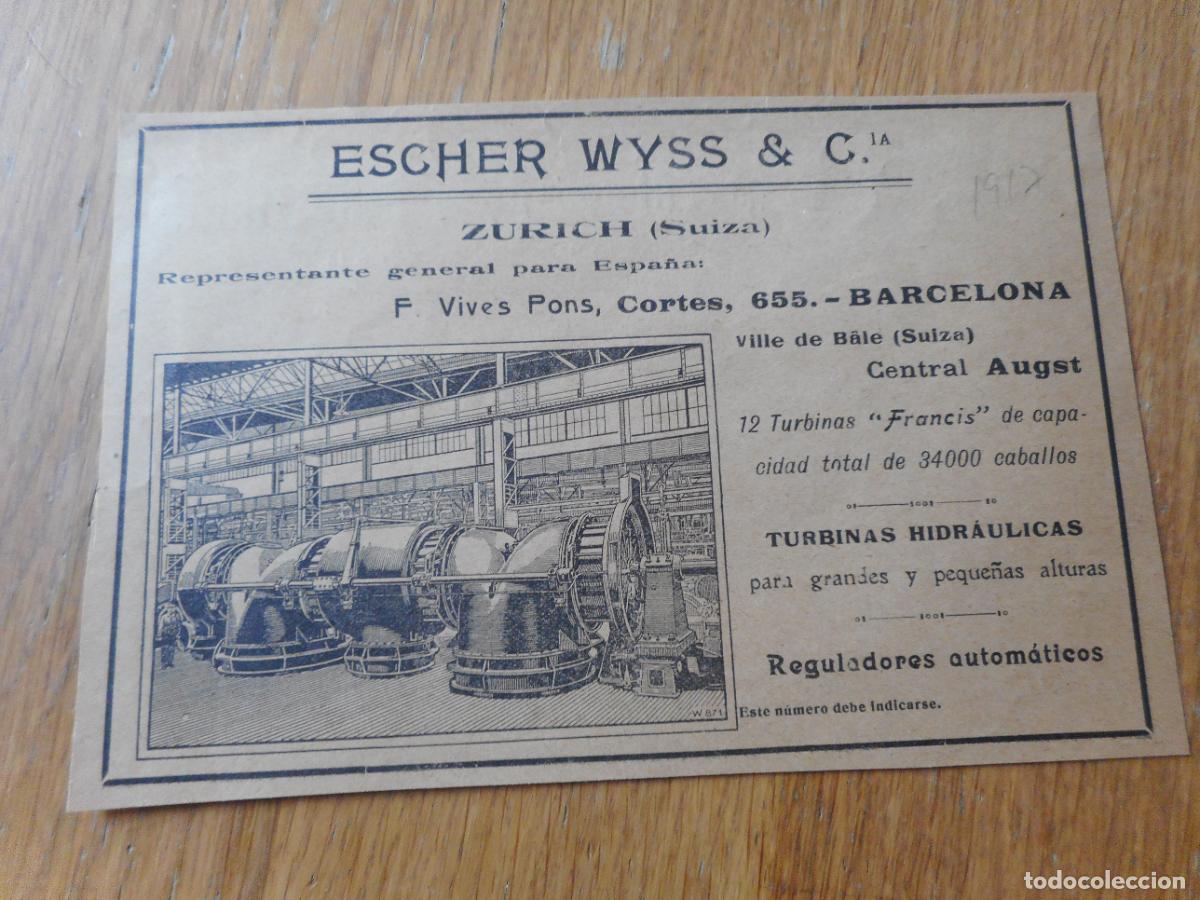 Catalogues publicitaires: ANTIGUA PUBLICIDAD ESCHER WYSS & CIA. ZURICH SUIZA TURBINAS HIDRAULICAS BARCELONA 1917
