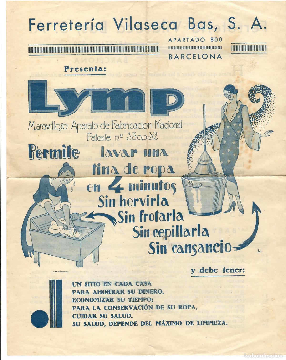 Catalogues publicitaires: Publicidad Lavadora LYMP. Ferreteria Vilaseca, Barcelona. 21 x 26 cm . Vell i Bell