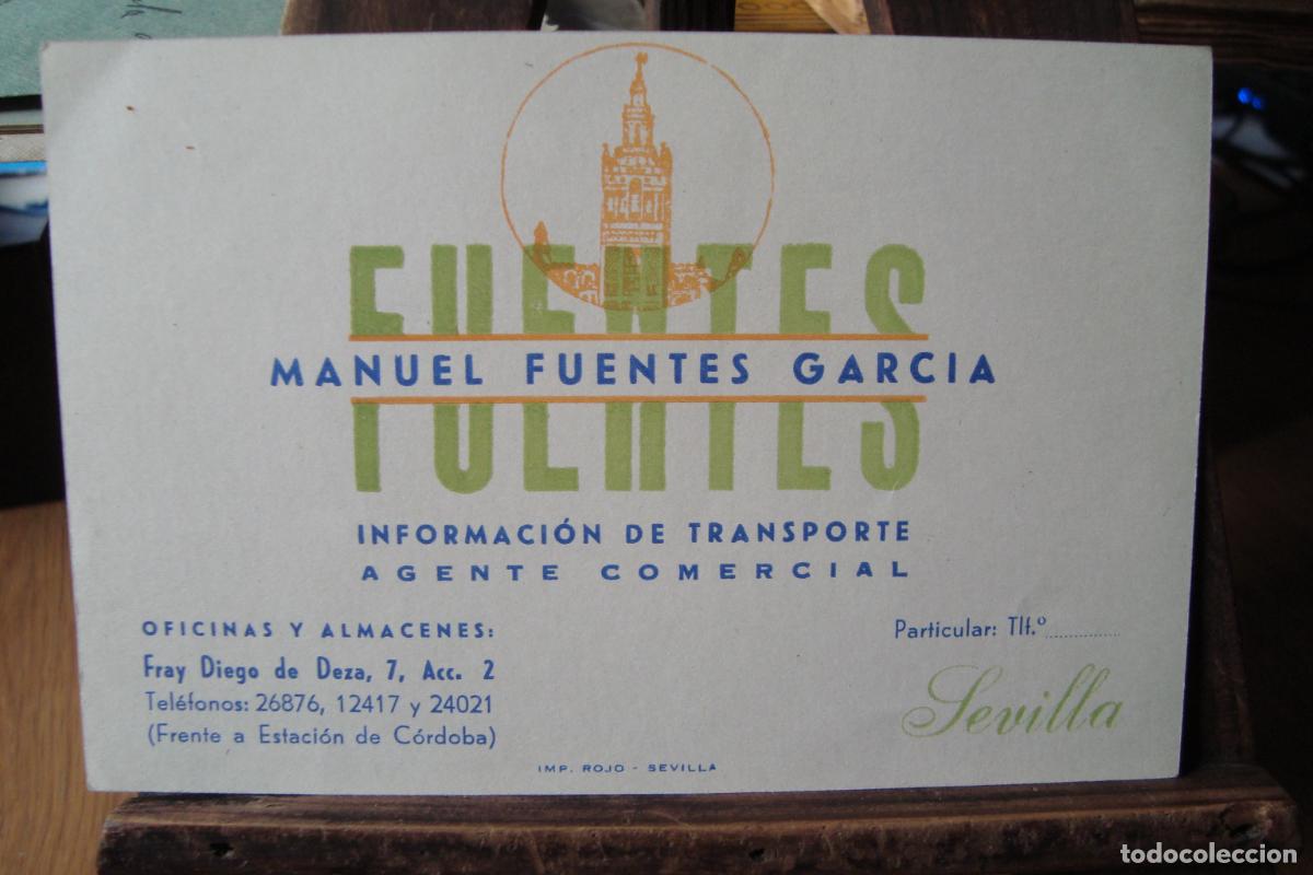 Werbekataloge: ANTIGUA TARJETA COMERCIAL MANUEL FUENTES GARCIA. INFORMACION DE TRANSPORTE. SEVILLA