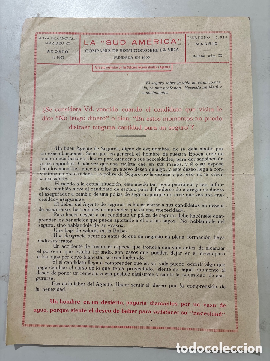 Cataloghi pubblicitari: LA &ldquo;SUD AMERICA&rdquo; CIA SEGUROS SOBRE LA VIDA. AGOSTO 1931. BOLET&Iacute;N N&Uacute;M. 65.