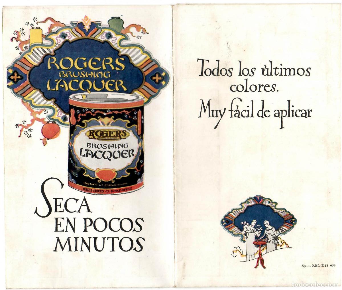 Catalogues publicitaires: Pinturas Rogers Brushing Lacquers. Seca en pocos minutos. 11,5 x 19 cms. hoja doblada.- Vell i Bell