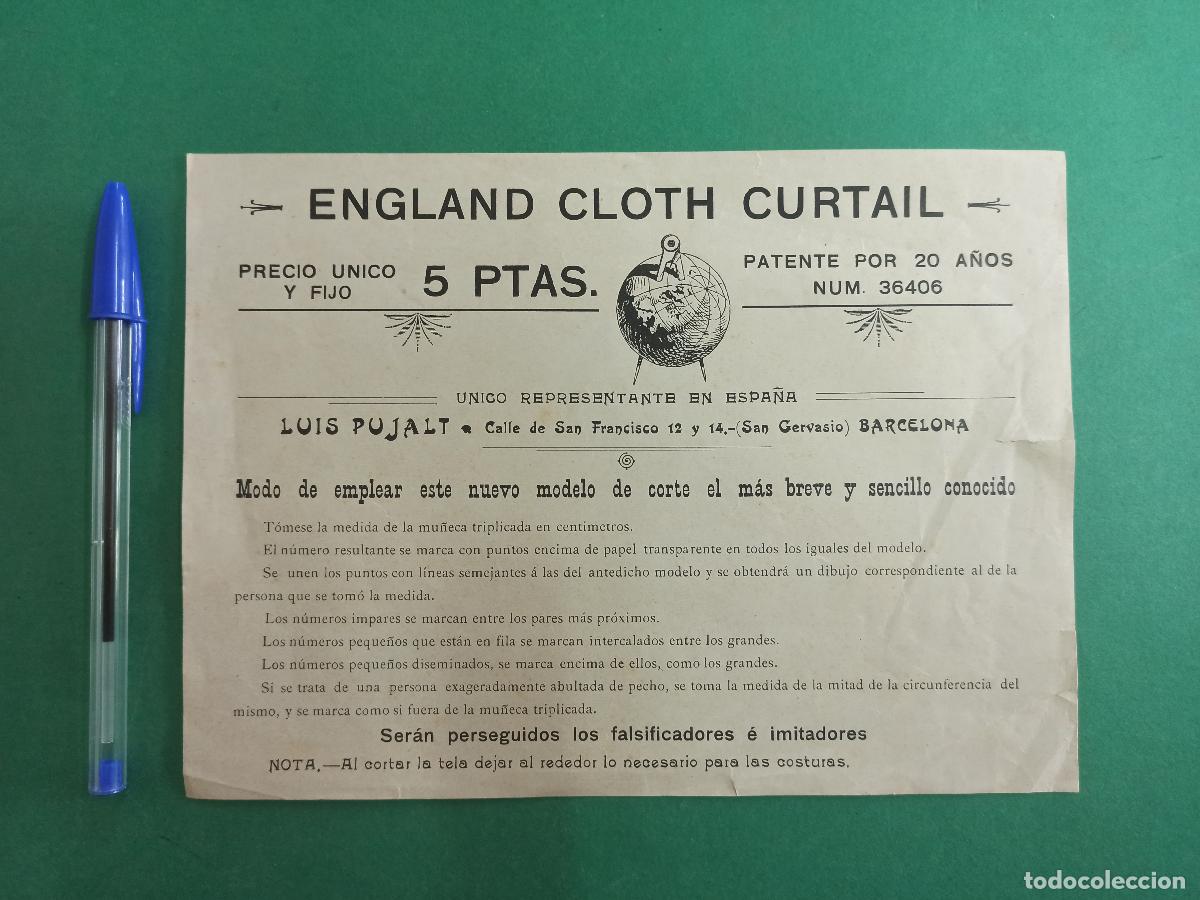 Catalogues publicitaires: Antigua publicidad de modelo de corte. England Cloth Curtail. Luis Pujalt. Barcelona.