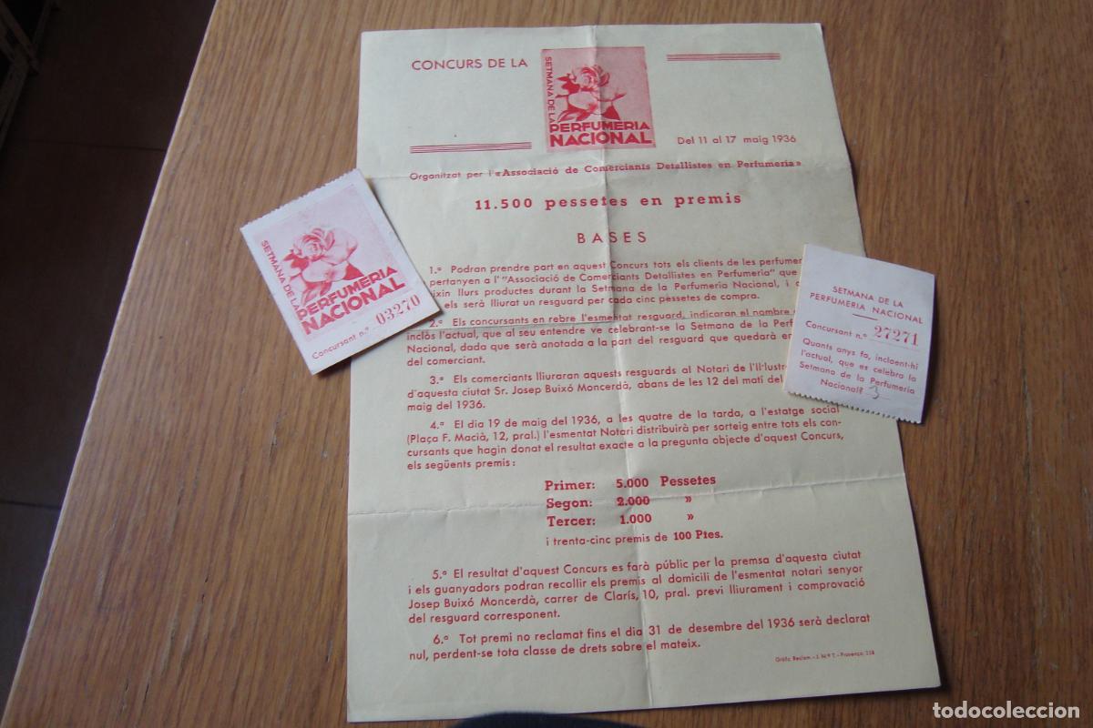 Catalogues publicitaires: ANTIGUA CARTA Y CUPONES CONCURSO SEMANA DE LA PERFUMERIA NACIONAL 1936. NOTARIO JOSEP BUIXO MONCERD&Aacute;