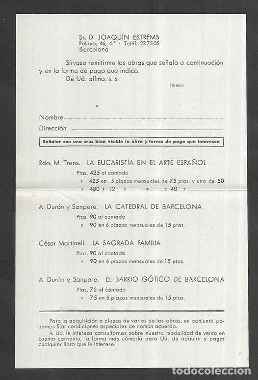 Catalogues publicitaires: Folleto publicitario. Hoja pedido Libreria. Joaqu&iacute;n Estrems Barcelona.