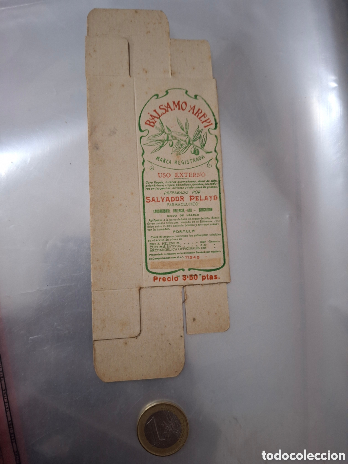 Werbekataloge: Caja carton + pegatina publicidad B&aacute;lsamo Arepi a&ntilde;os 40-50