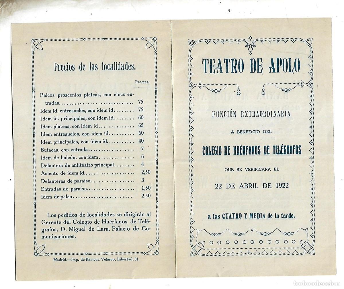 Advertising Catalogs: M3- TEATRO APOLO - COLEGIO DE HUERFANOS DE TELEGRAFOS DEL 22- ABRIL DE 1.922