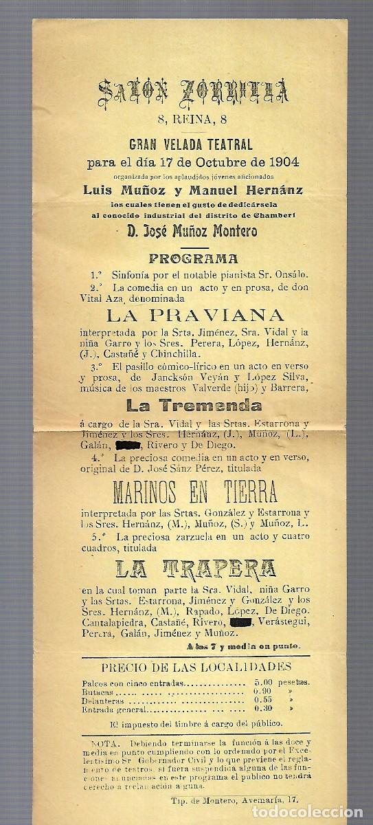 Advertising Catalogs: M3- TEATRO SALON ZORRILLA - GRAN VELADA TEATRAL EL 17 OCTUBRE DE 1.904