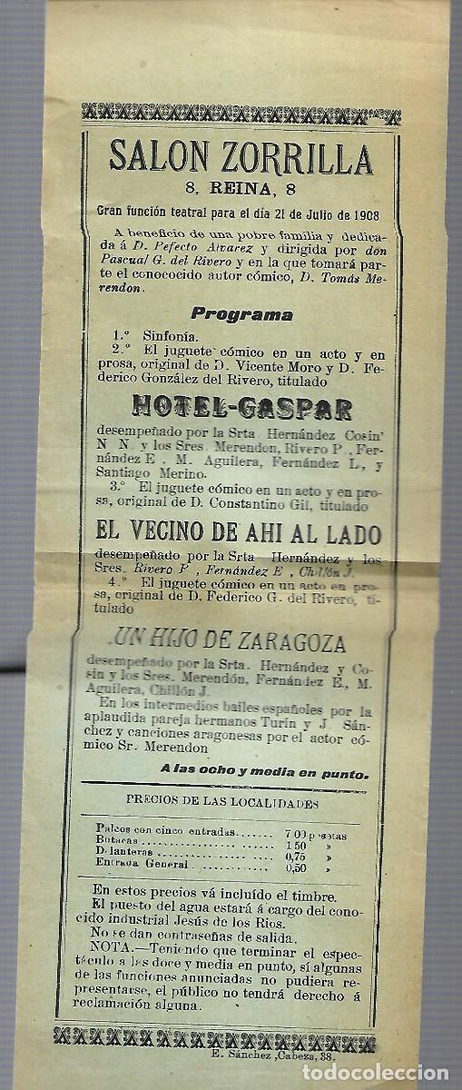 Advertising Catalogs: M3- TEATRO SALON ZORRILLA - HOTEL GASPAR EL 21 JULIO DE 1.908