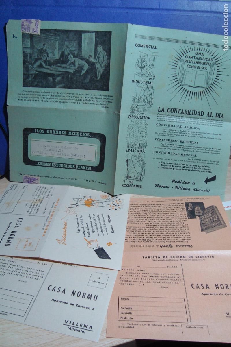 Cat&aacute;logos publicitarios: ANTIGUOS DOCUMENTOS PUBLICITARIOS CONTABILIDAD. CASA NORMU. VILLENA ALICANTE. A&Ntilde;OS 50