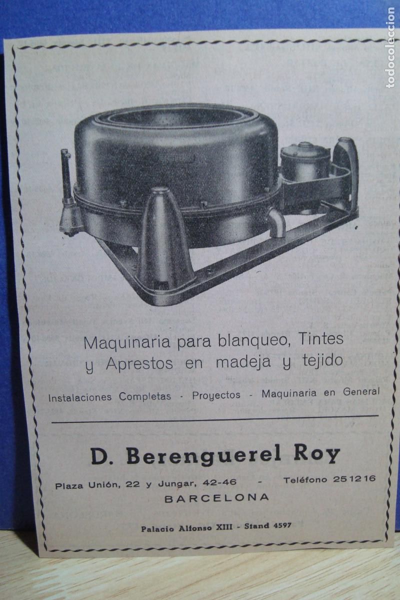 Cat&aacute;logos publicitarios: ANTIGUA PUBLICIDAD D. BERENGUEREL ROY. MAQUINARIA BLAQUEO. TINTES TEJIDOS. BARCELONA 1959