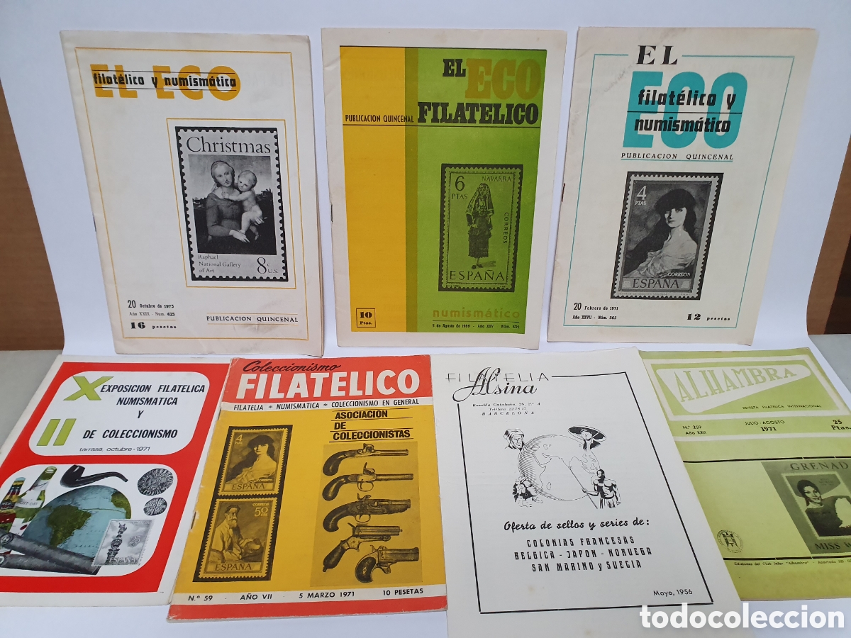 Advertising Catalogs: 7 CAT&Aacute;LOGOS FILATELIA, NUMISMATICA. A&Ntilde;OS 50, 60, 70.