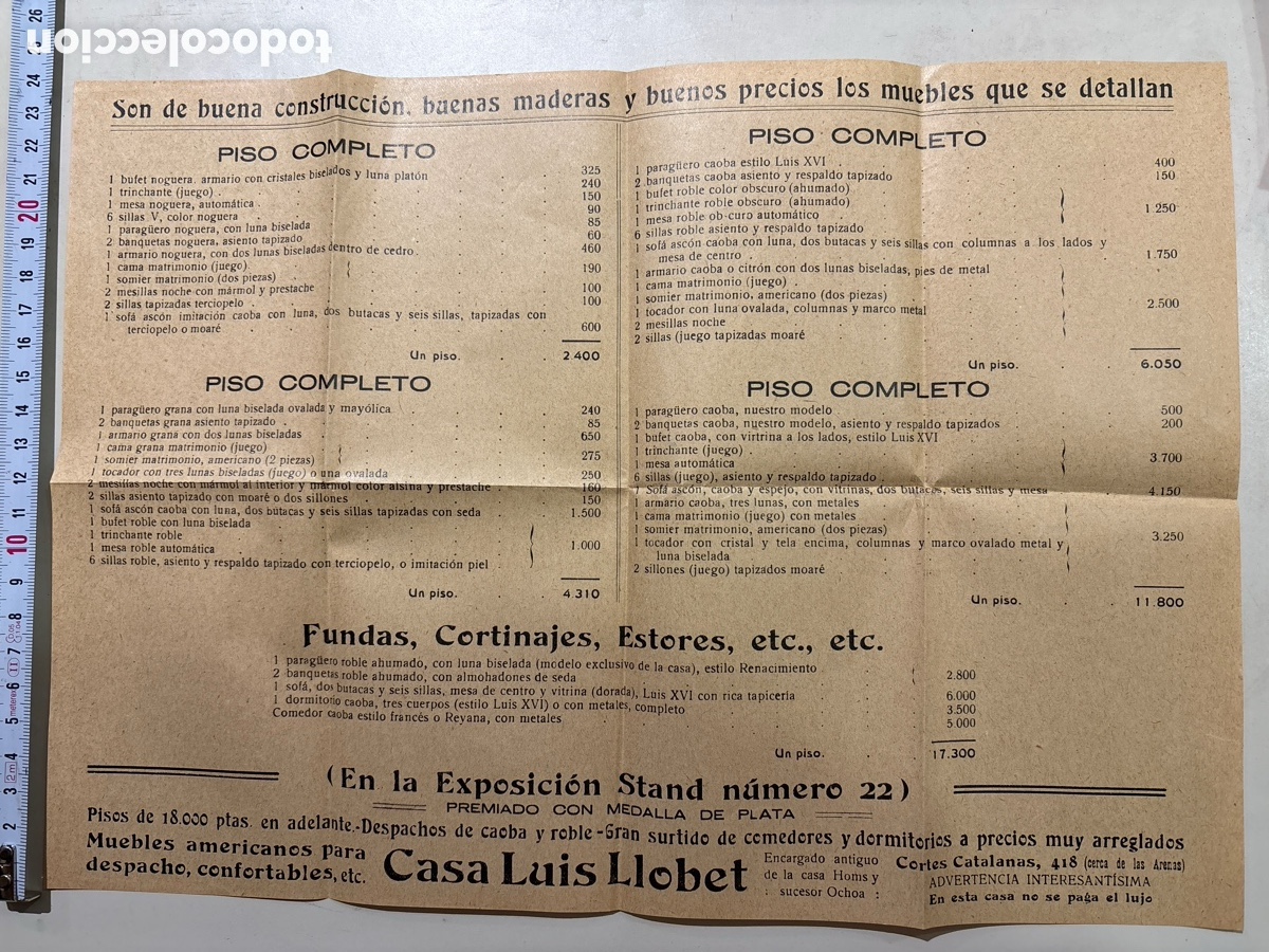 Cat&aacute;logos publicitarios: CASA LUIS LLOBET. EXPOSICI&Oacute;N DE MUEBLES. PREMIADO CON MEDALLA DE PLATA. BARCELONA.