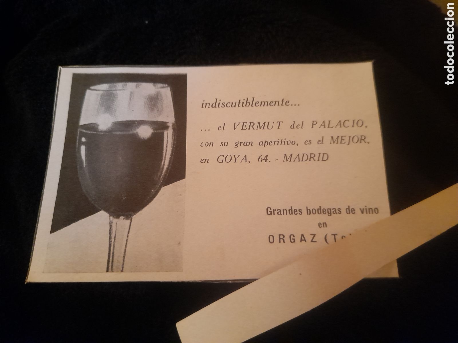 Werbekataloge: Ant. anuncio publicitario pegado a cartulina, Vermut del Palacio, Orgaz (Toledo)