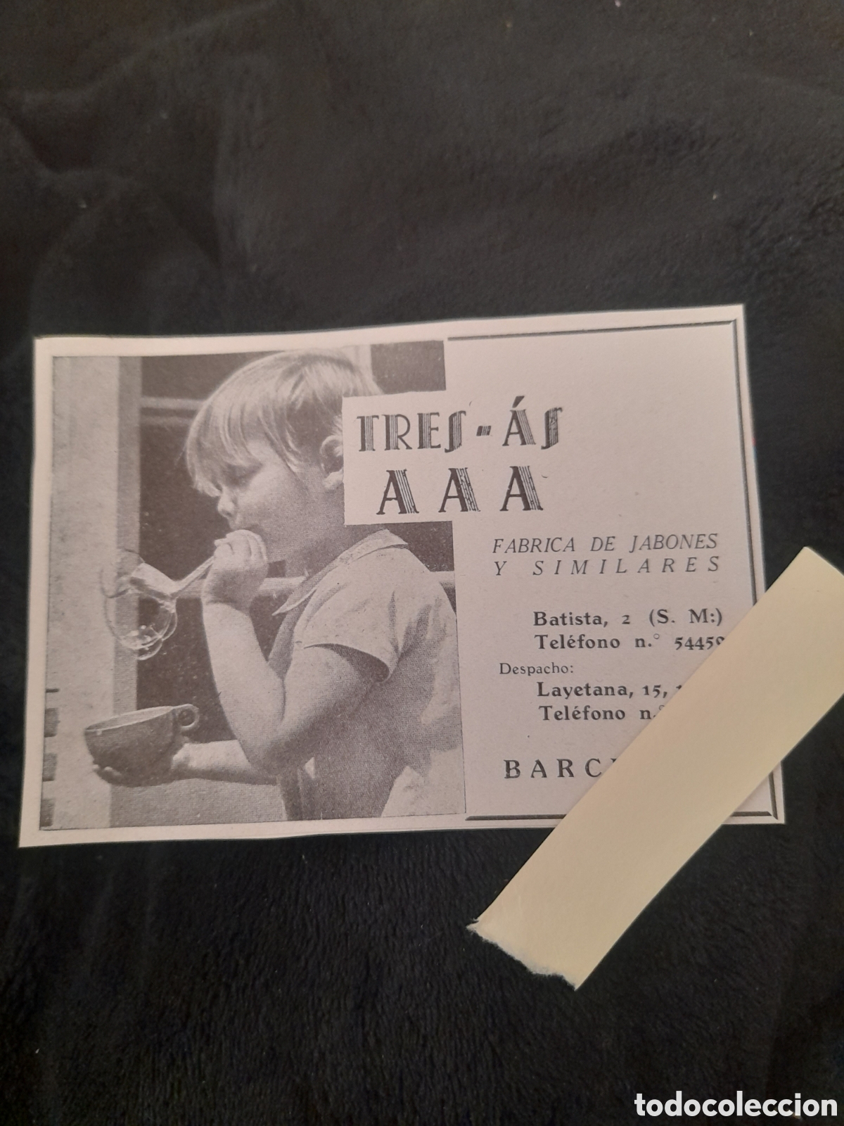 Advertising Catalogs: Antiguo anuncio publicitario, F&aacute;brica de Jabones, TRES-AS AAA, Barcelona, mide 12x8,5cm