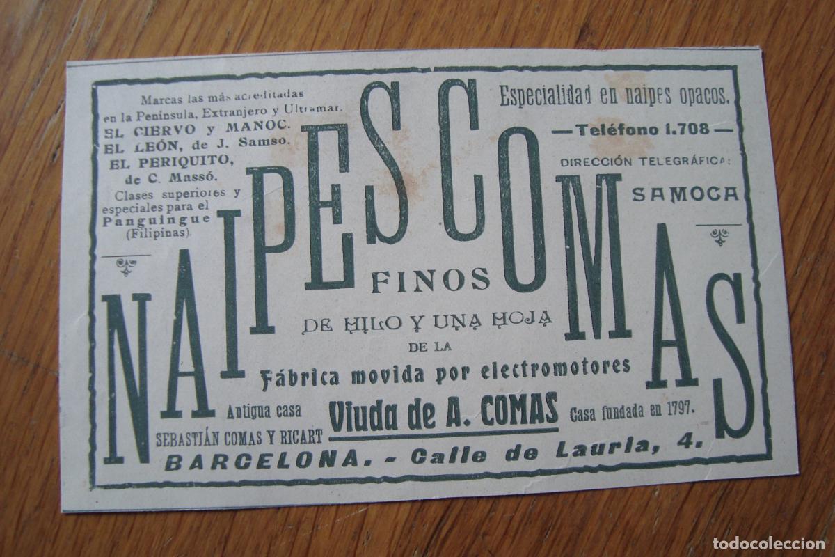 Werbekataloge: ANTIGUA PUBLICIDAD NAIPES VIUDA DE A. COMAS BARCELONA