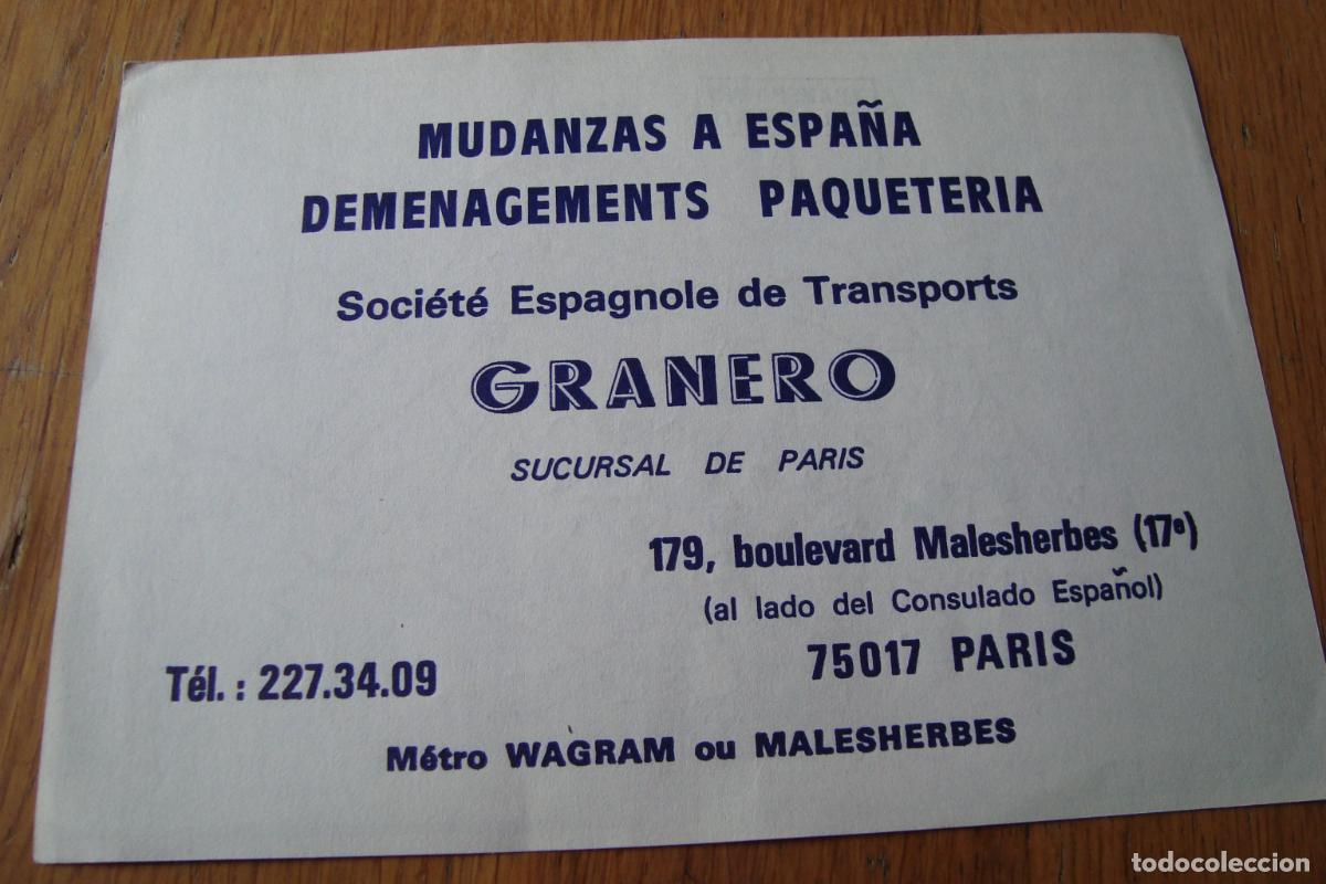 Werbekataloge: ANTIGUO PASQUIN PUBLICIDAD TRANSPORTES GRANERO. MUDANZAS A ESPA&Ntilde;A PAQUETERIA. SUCURSAL PARIS