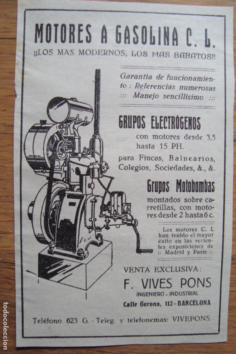 Cat&aacute;logos publicit&aacute;rios: ANTIGUA PUBLICIDAD MOTORES A GASOLINA C.L F. VIVES PONS BARCELONA