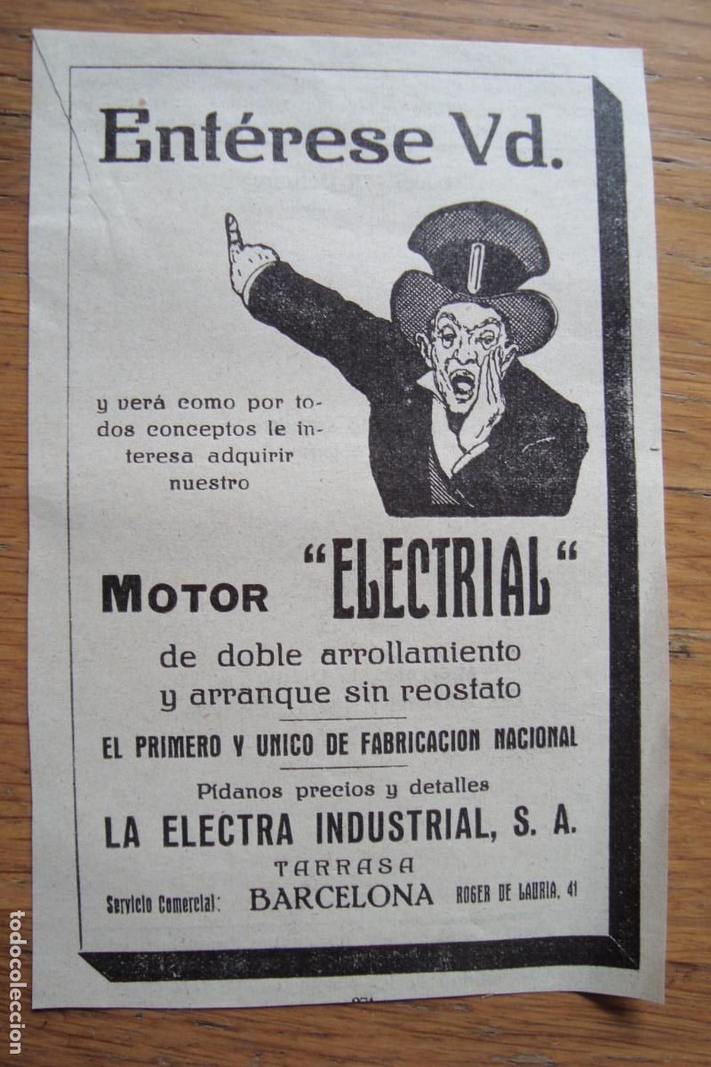 Cat&aacute;logos publicit&aacute;rios: ANTIGUA PUBLICIDAD MOTOR ELECTRIAL. LA ELECTRA INDUSTRIAL S.A TARRASA BARCELONA